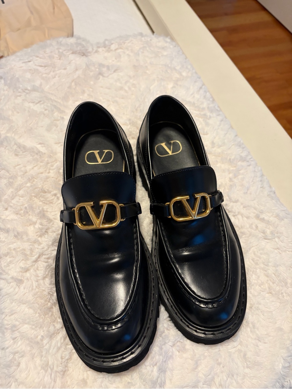 Valentino Black Leather Loafers with Gold V Logo Hardware